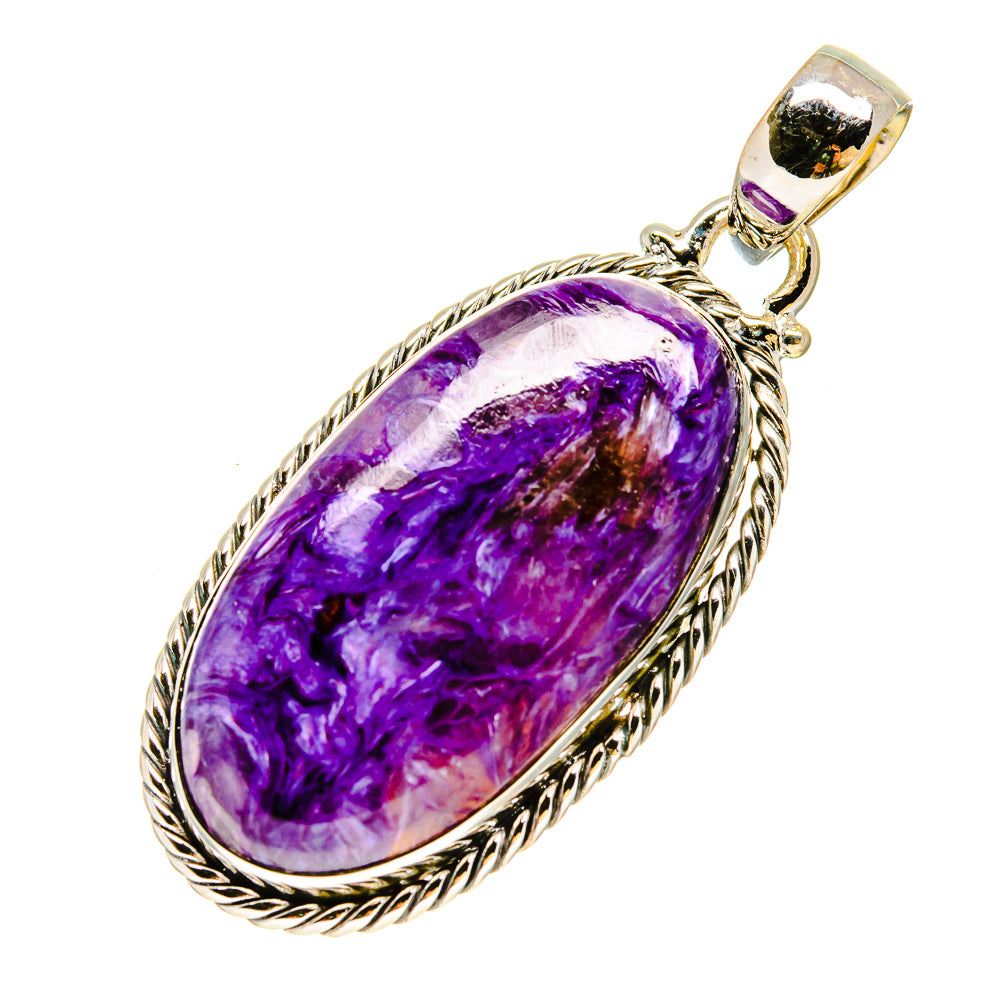 Charoite oval pendant in 925 sterling silver with purple gemstone and twisted rope border