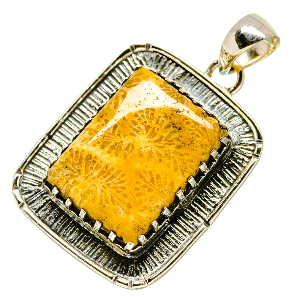 Sterling silver fossil coral pendant with rectangular yellow stone and top bail loop