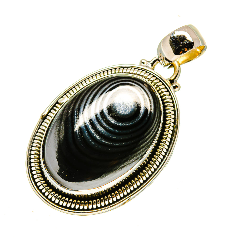 Oval psilomelane pendant charm with black-gray cabochon, polished 925 silver bail