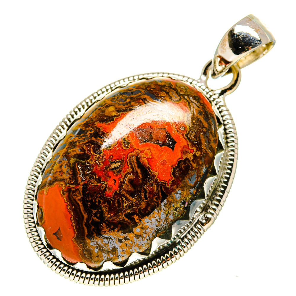 Moroccan agate pendant, 925 sterling silver bail; oval stone with orange and dark patterns.