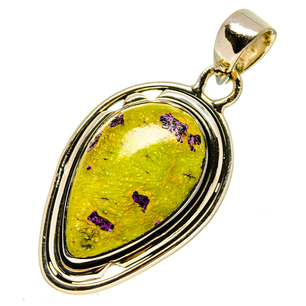 Oval gemstone pendant with green-yellow stone, purple speckles, and silver frame