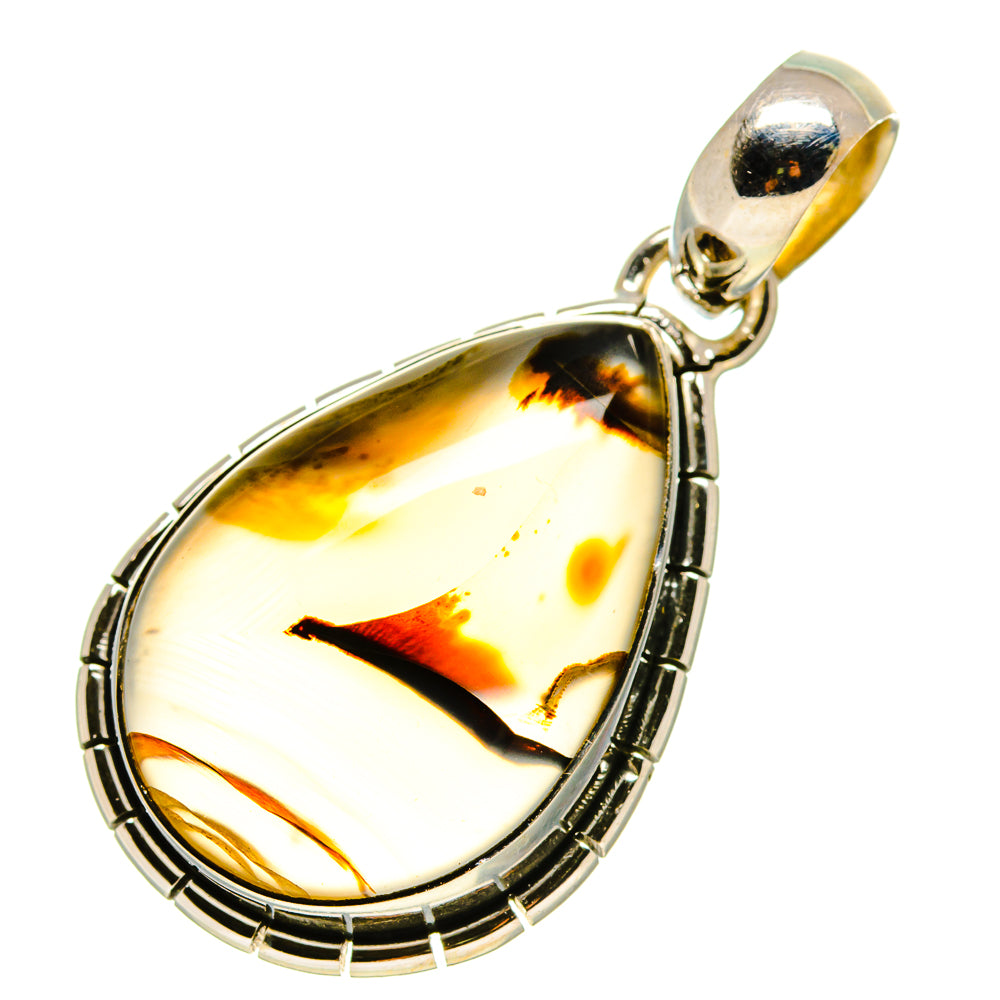 Teardrop agate pendant in 925 sterling silver with white, amber, and black marbling