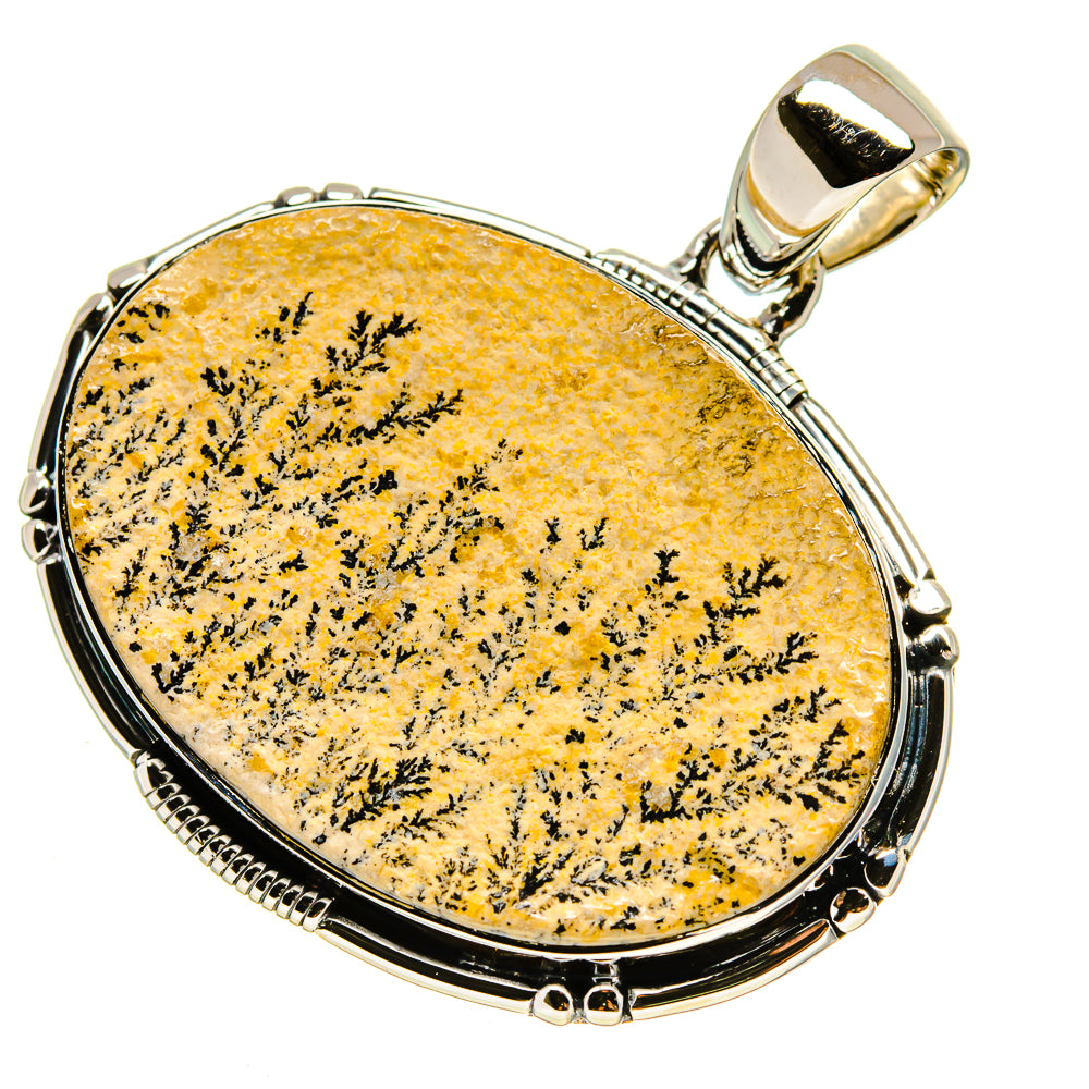 Oval 925 sterling silver pendant with yellow stone, black dendrite pattern, ridged trim