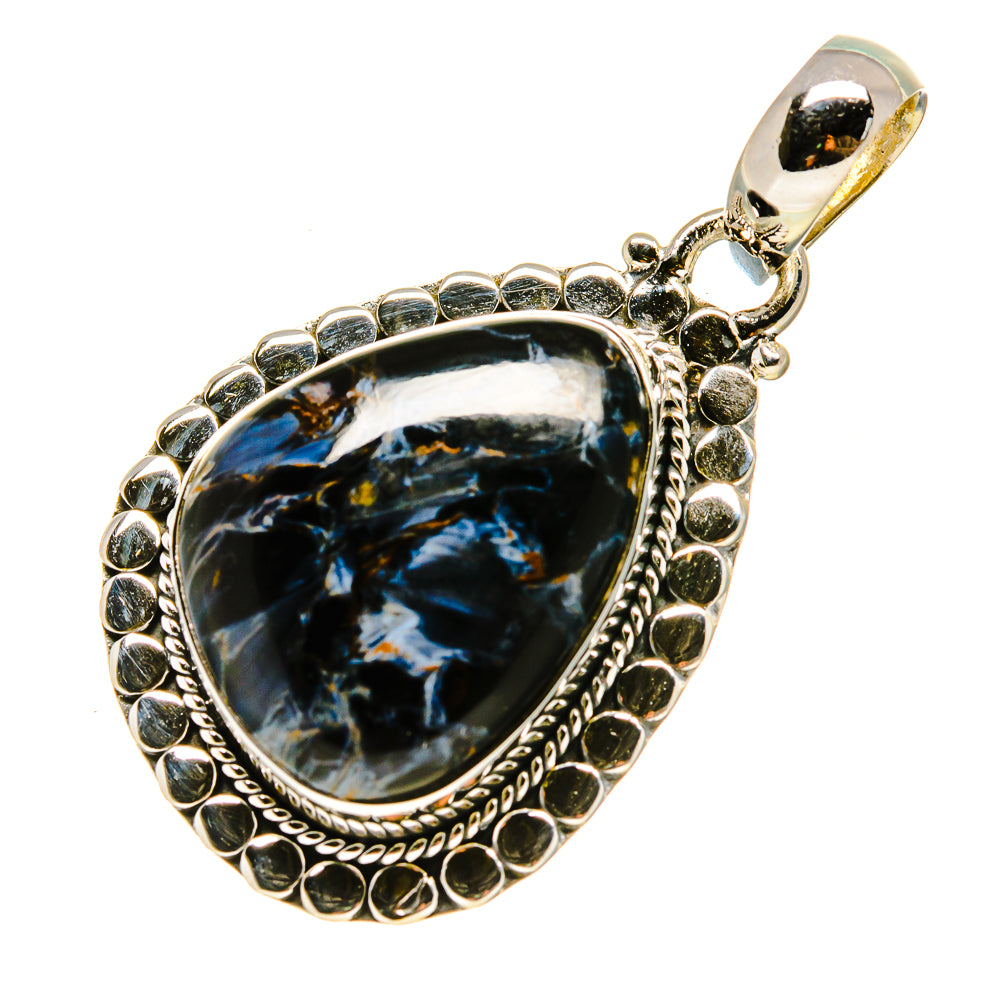 Pietersite pendant in teardrop setting, dark blue stone on 925 sterling silver frame