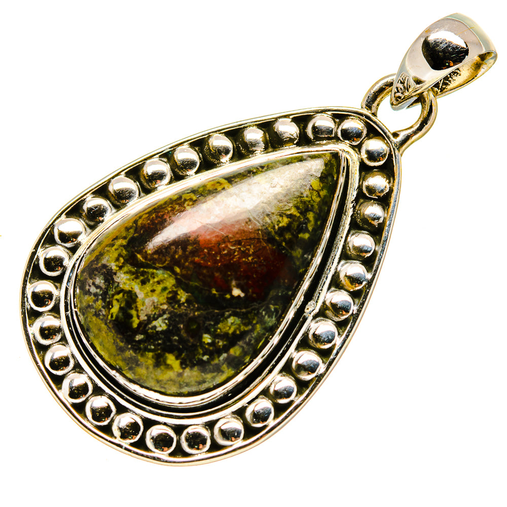 925 sterling silver teardrop pendant with green-brown stone, beaded bezel, loop bail