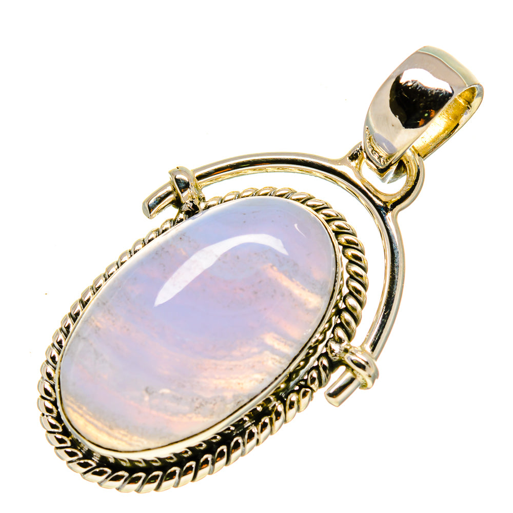 Sterling silver pendant with oval blue lace agate, textured rope frame, open bail