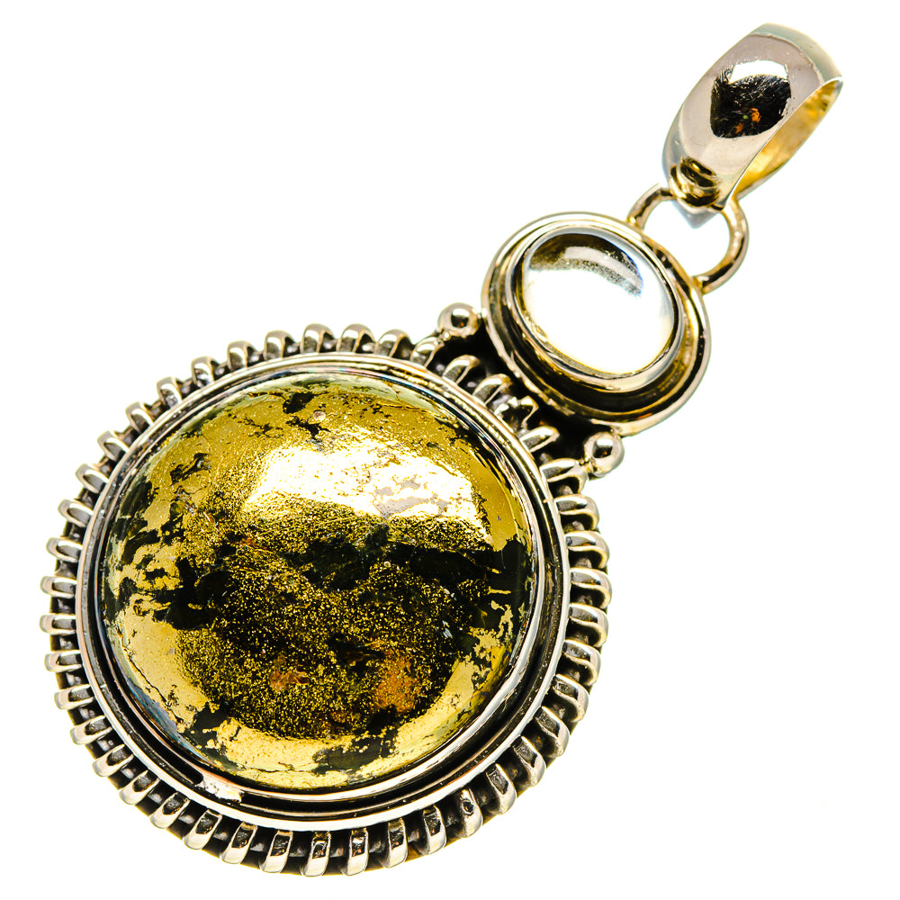 Round agate pendant on sterling silver bail with textured frame around yellow-green stone.