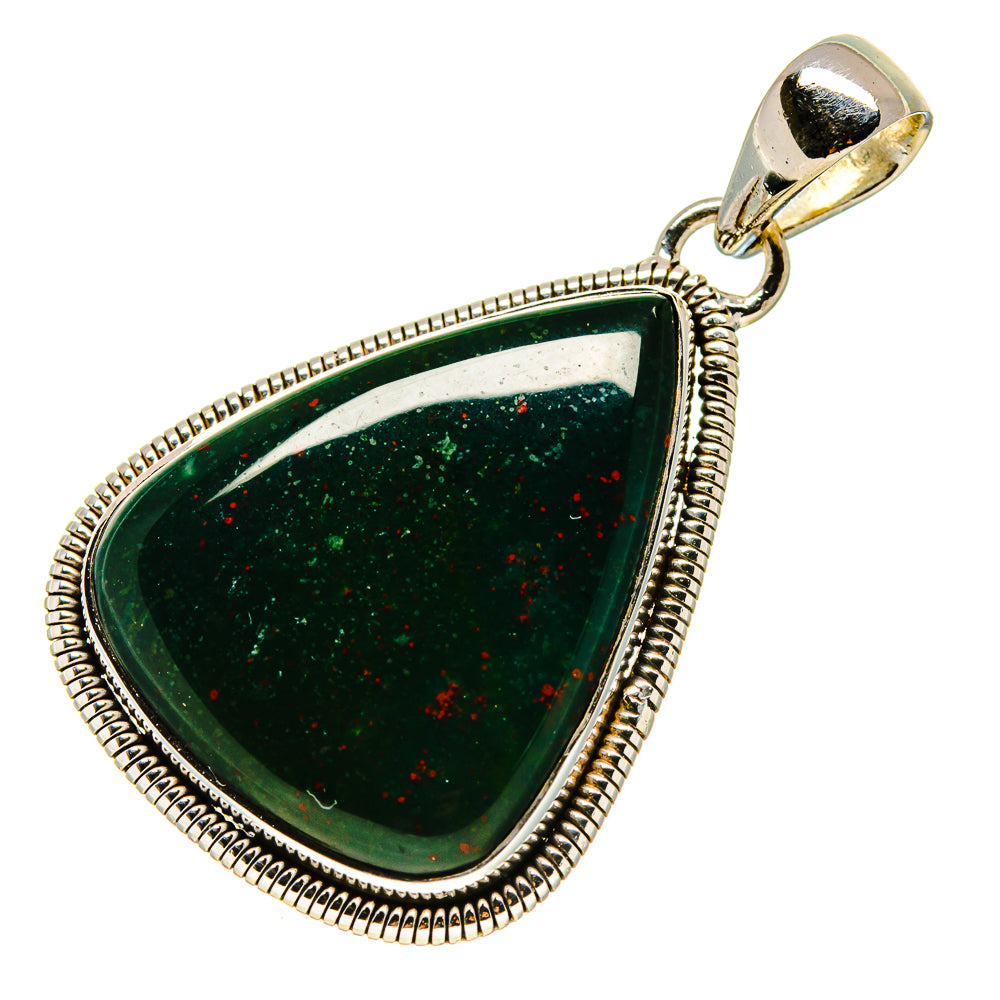 Bloodstone pendant with dark green teardrop stone, red flecks, ornate silver frame and bail