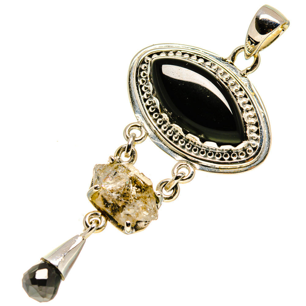 Sterling silver black onyx marquise pendant with clear crystal drop and black faceted bead
