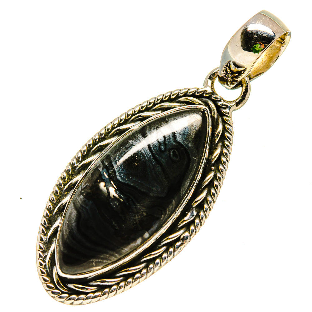 925 sterling silver psilomelane pendant with dark oval stone, rope bezel and bail