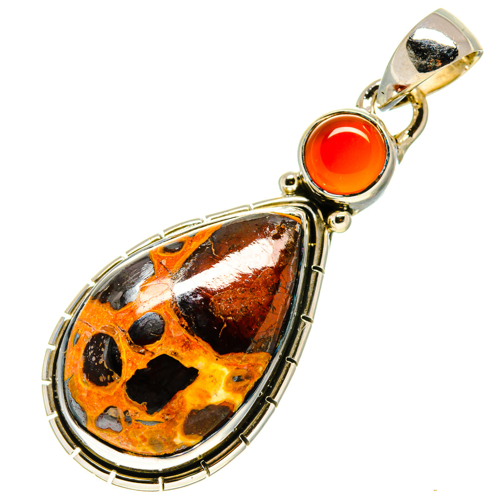 Teardrop pendant with amber-orange stone and red cabochon in gold-tone sterling silver