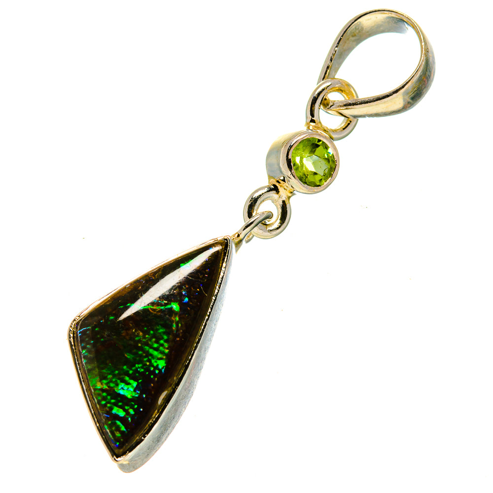 Sterling silver peridot and ammolite pendant, green round stone with triangular drop