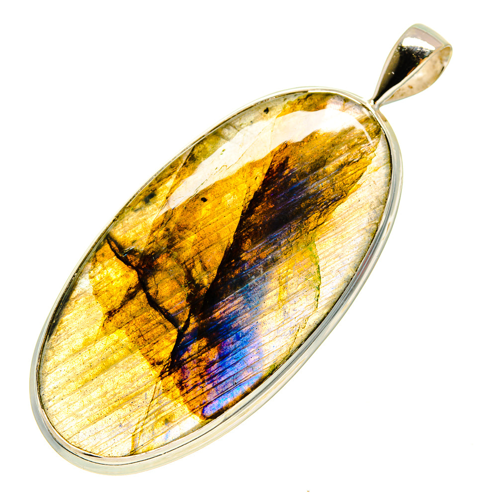 Oval labradorite pendant in sterling silver bezel with gold and blue flashes, bail top