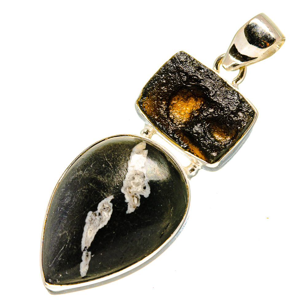 925 sterling silver pendant with black rectangular stone and teardrop stone, gold flecks