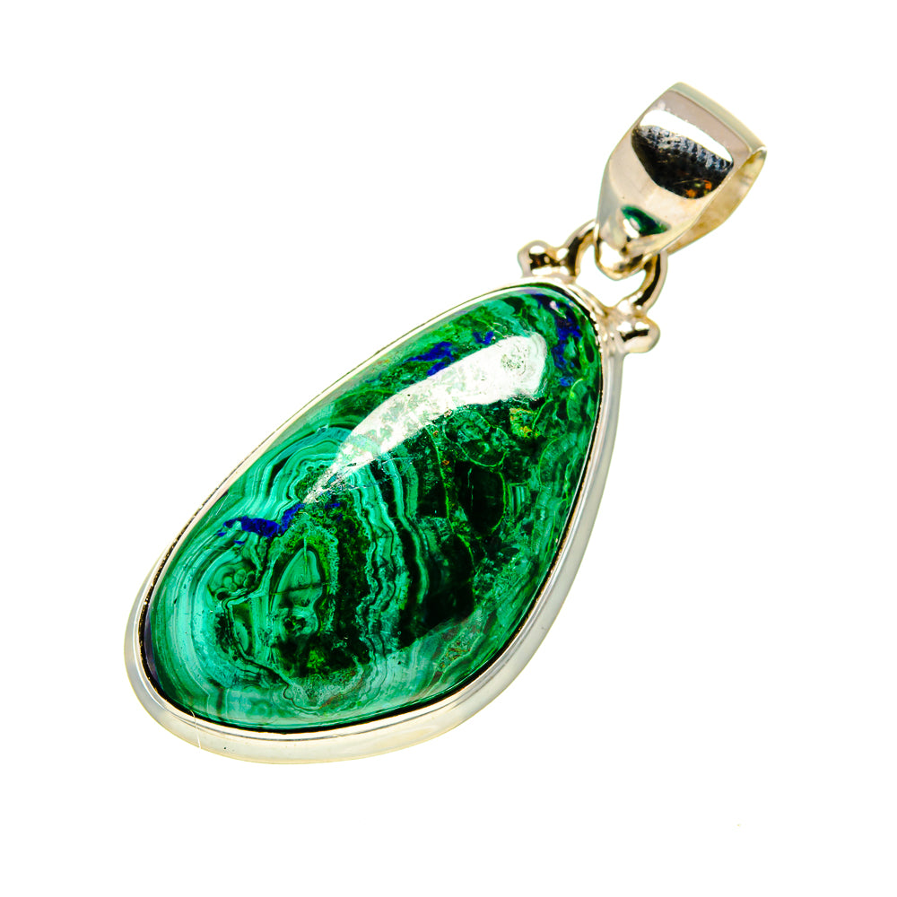 Sterling silver teardrop pendant featuring glossy green stone with blue mineral veining