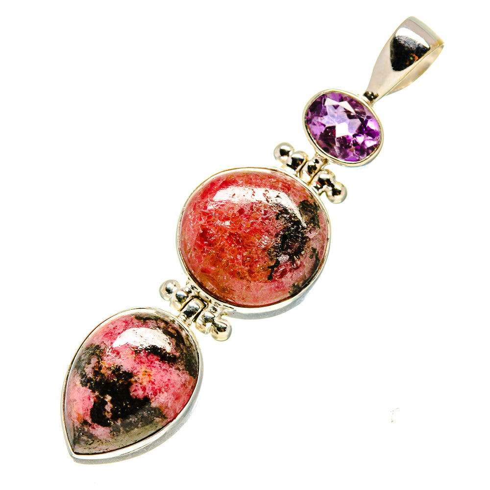 Rhodonite and amethyst sterling silver pendant, purple round cabochon with two rhodonite ovals