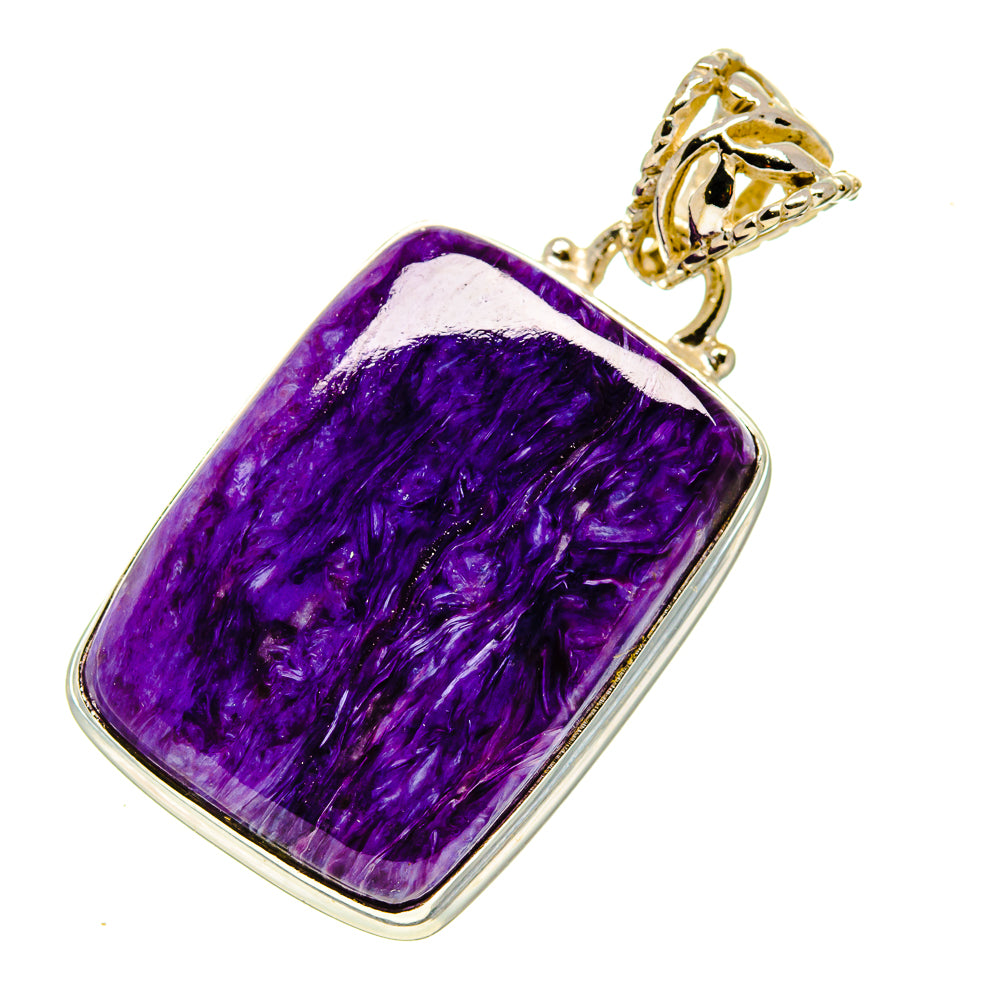 Charoite pendant in sterling silver with rectangular purple stone, ornate gold-tone bail