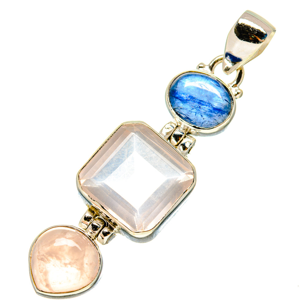 Sterling silver gemstone pendant with blue oval, clear square, pink rounds