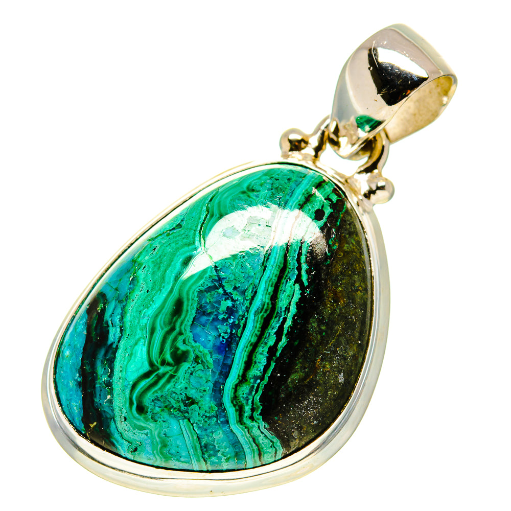 Teardrop chrysocolla-malachite pendant with silver bezel and loop bail.