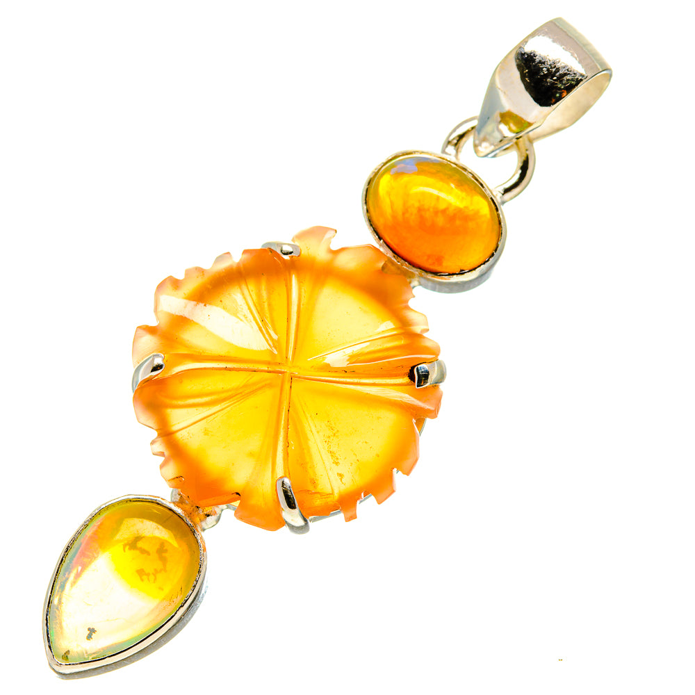 Sterling silver pendant with orange flower charm and two opal cabochons, pear and oval