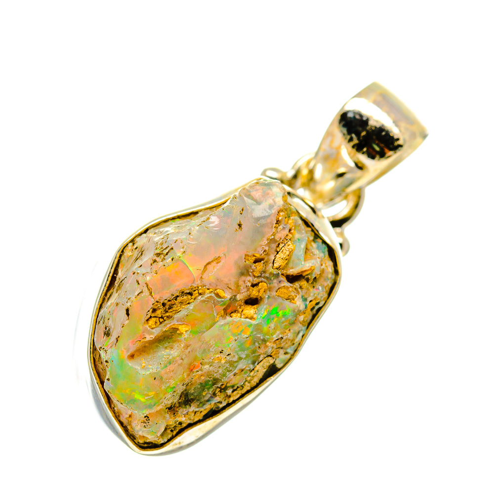 Rough Ethiopian opal pendant, teardrop stone with gold-toned bail in silver bezel