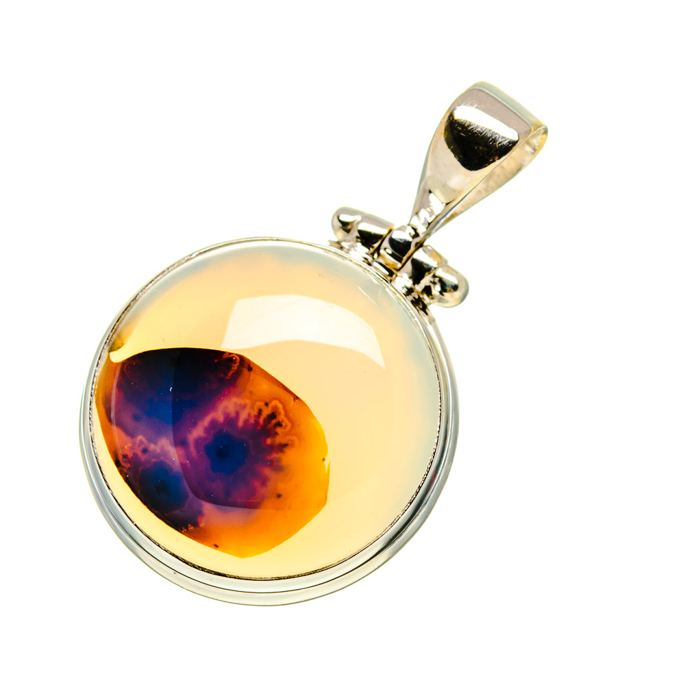 Round 925 sterling silver agate pendant with blue-and-orange cabochon