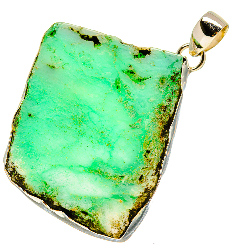 Rough chrysoprase pendant in sterling silver with green rough slab and loop bail