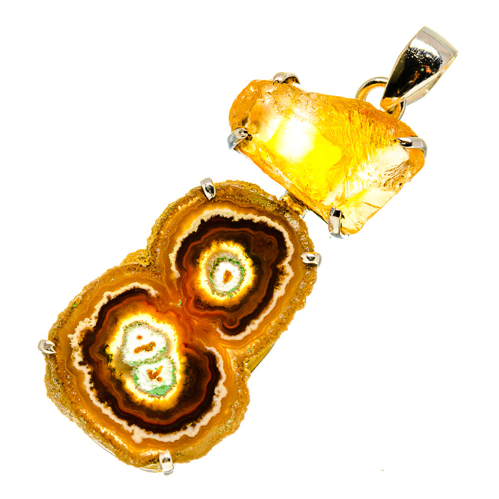 Orange and yellow solar quartz/citrine pendant with silver bail and geode slice detail