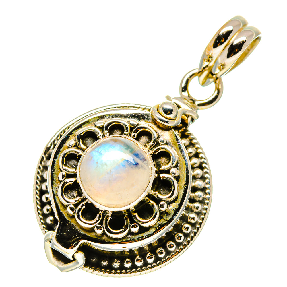 Sterling silver iridescent moonstone pendant with detailed round frame and bail