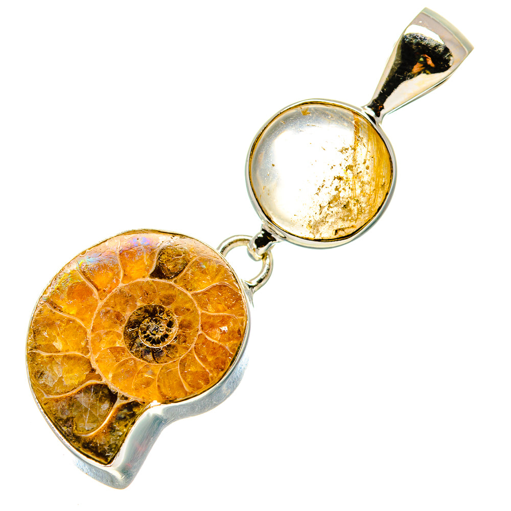 925 sterling silver pendant with oval rutilated quartz and round yellow ammonite fossil