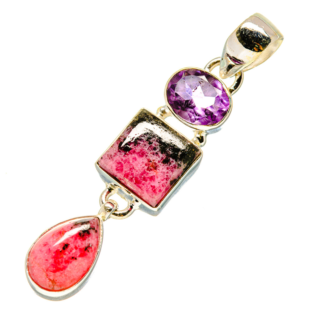 Sterling silver pendant with purple and pink gemstone accents, teardrop and oval shapes
