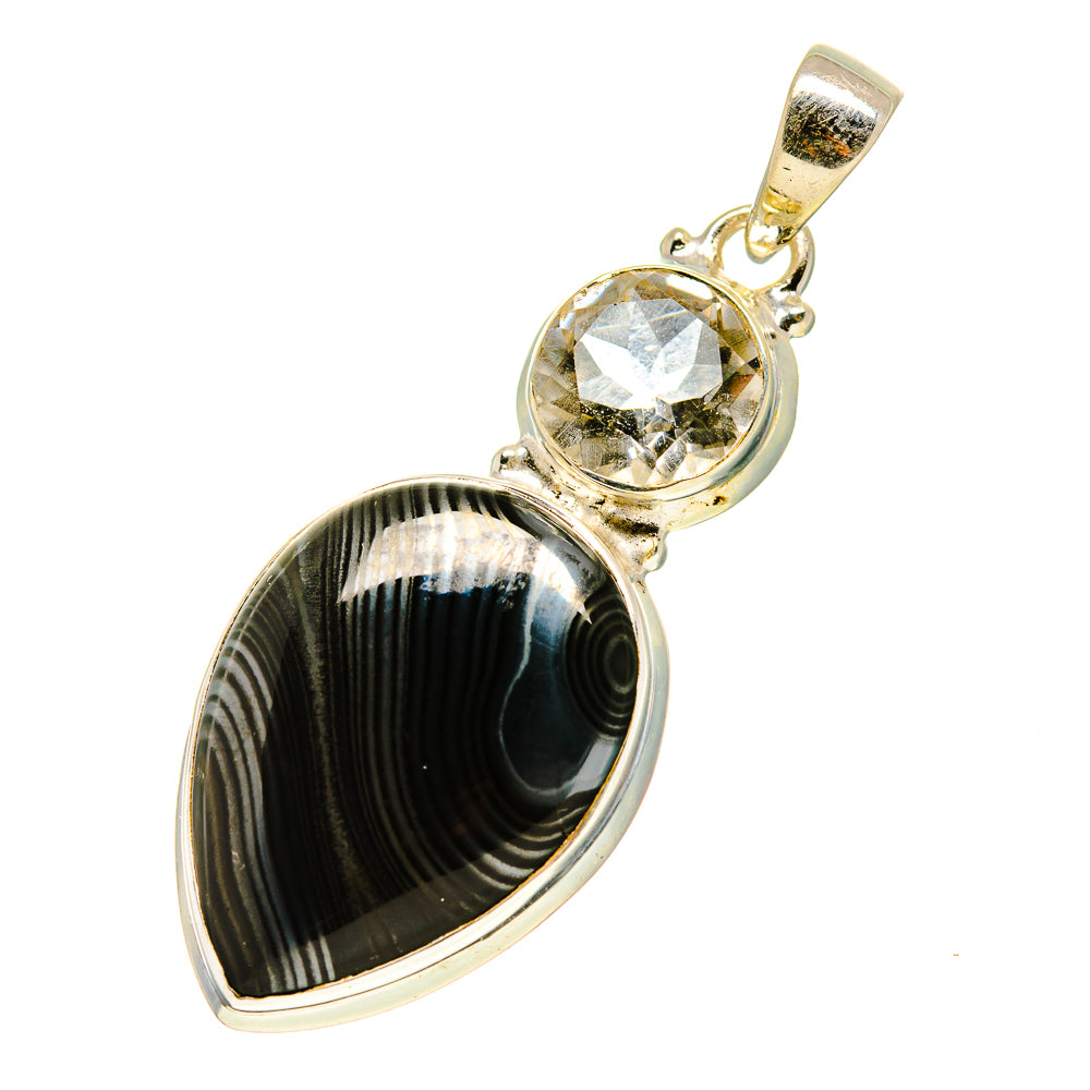 Sterling silver pendant with teardrop black striped stone and round clear quartz