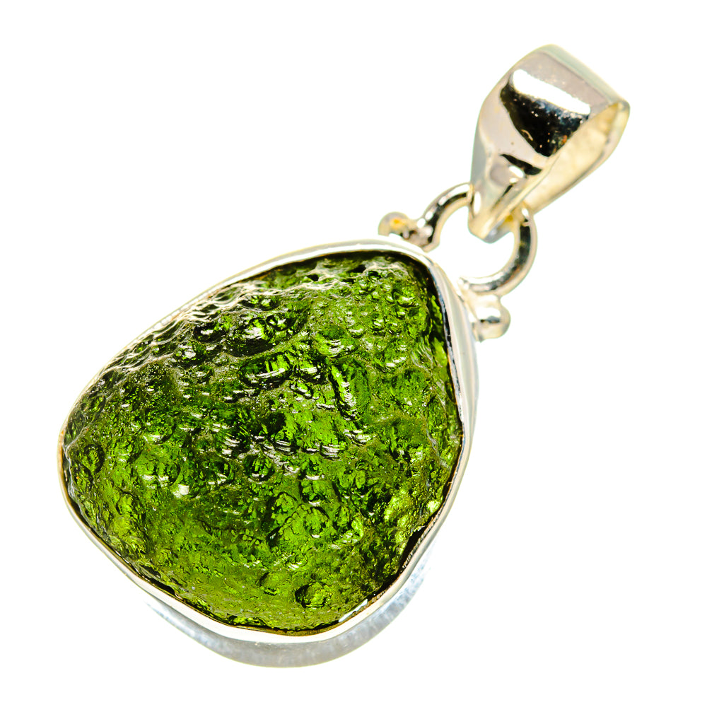 Sterling silver moldavite pendant with irregular bright green gemstone and loop bail
