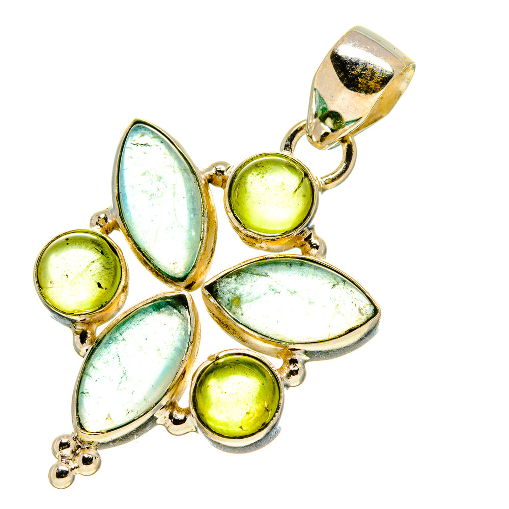 925 sterling silver pendant with green cabochon and iridescent leaf-shaped stones