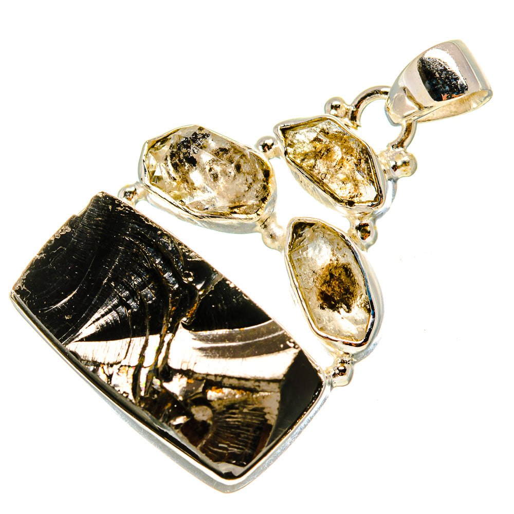 925 sterling silver gemstone pendant with black rough stone and clear crystal accents