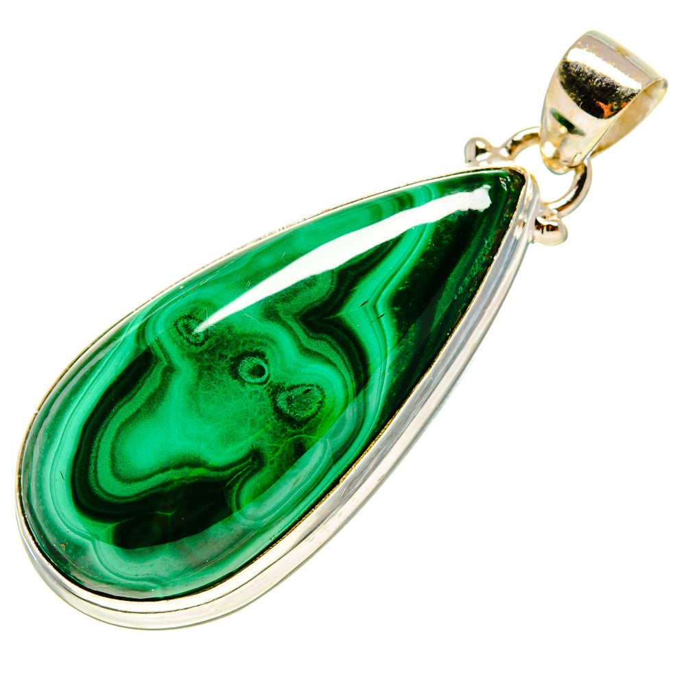 Malachite and chrysocolla teardrop pendant with bail, green stone with dark veining in silver