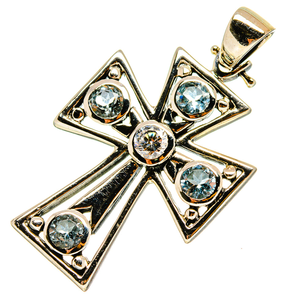 Cross pendant with round blue gemstones, 925 sterling silver setting