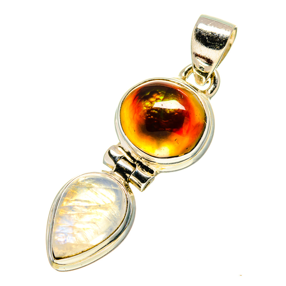 Iridescent orange fire agate and opalescent moonstone teardrop pendant, gold-tone bezel bail