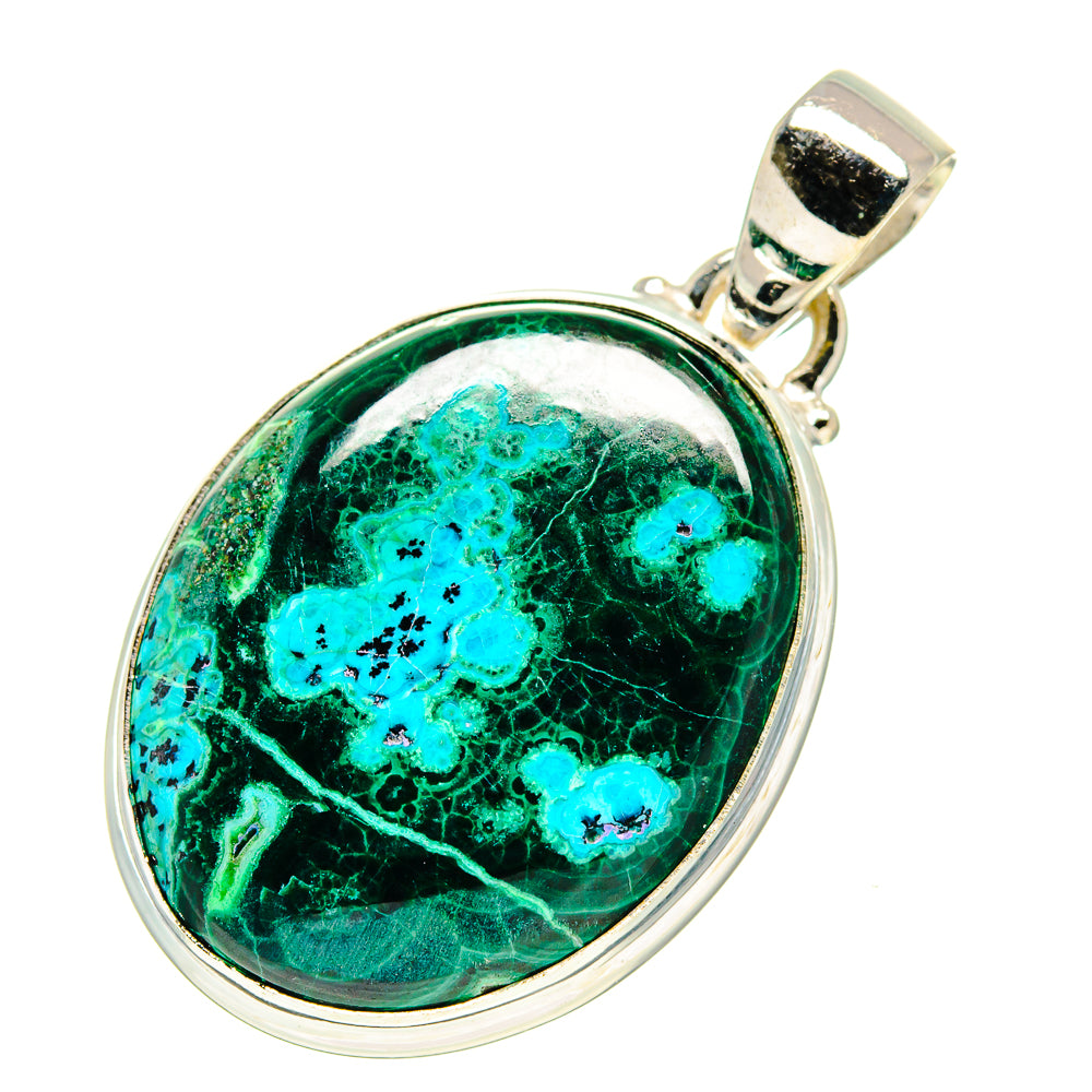Oval malachite chrysocolla pendant in 925 sterling silver bezel, green blue stone