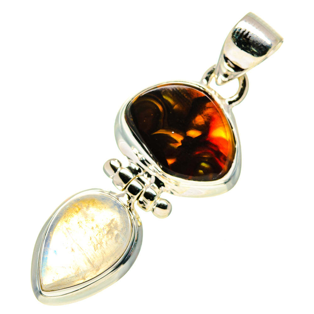 Sterling silver pendant with dark amber oval gemstone and iridescent moonstone teardrop