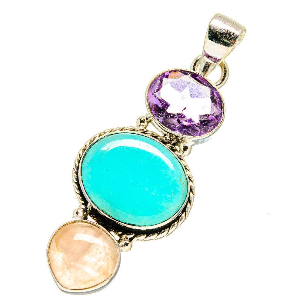 925 sterling silver drop pendant with purple amethyst, turquoise larimar, and peach rose quartz