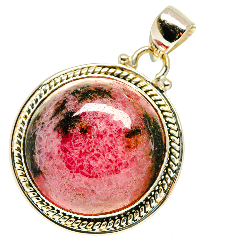 Oval rhodonite pendant with round rope-edged bezel and silver bail, 925 sterling