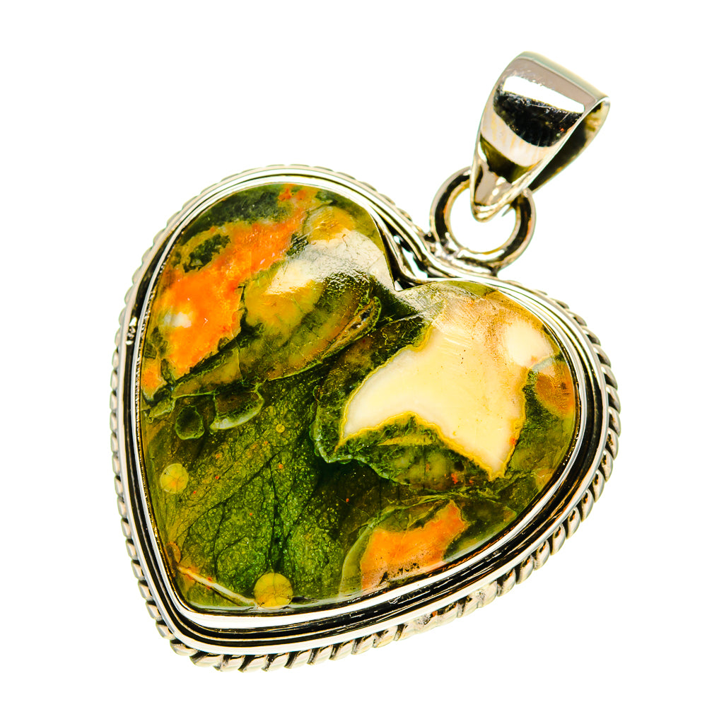 Heart opal pendant with silver bail, green orange yellow stone and ornate edge trim.