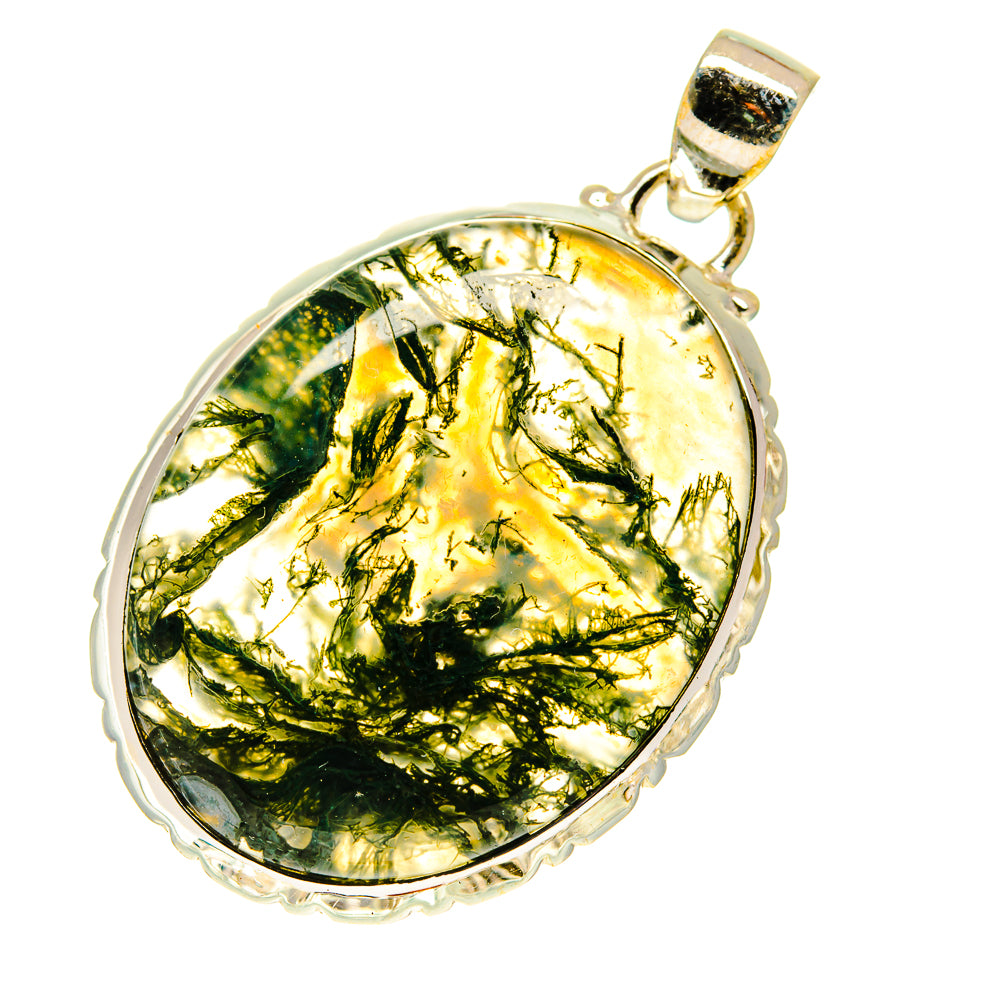 Green moss agate pendant in 925 sterling silver bezel, oval cabochon