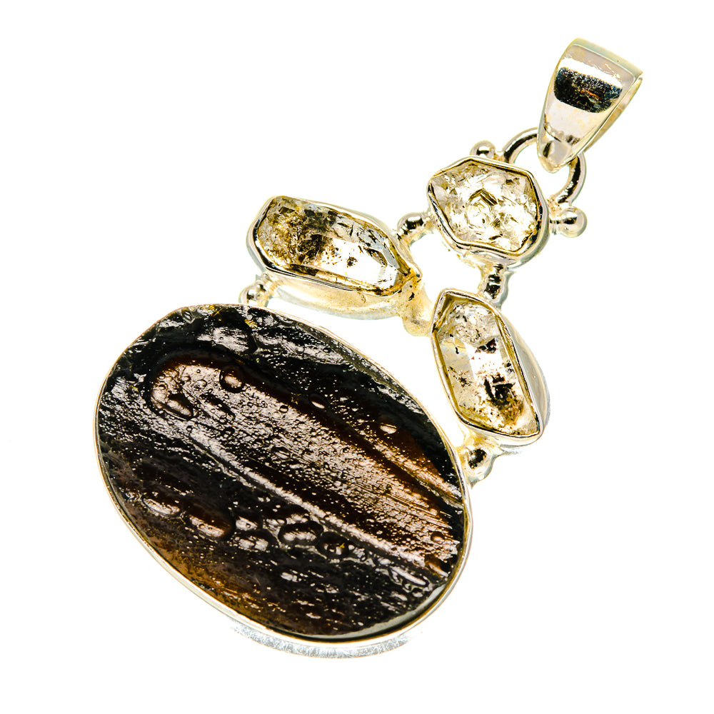 Tektite Herkimer diamond pendant with large oval dark stone and small clear crystal bezels