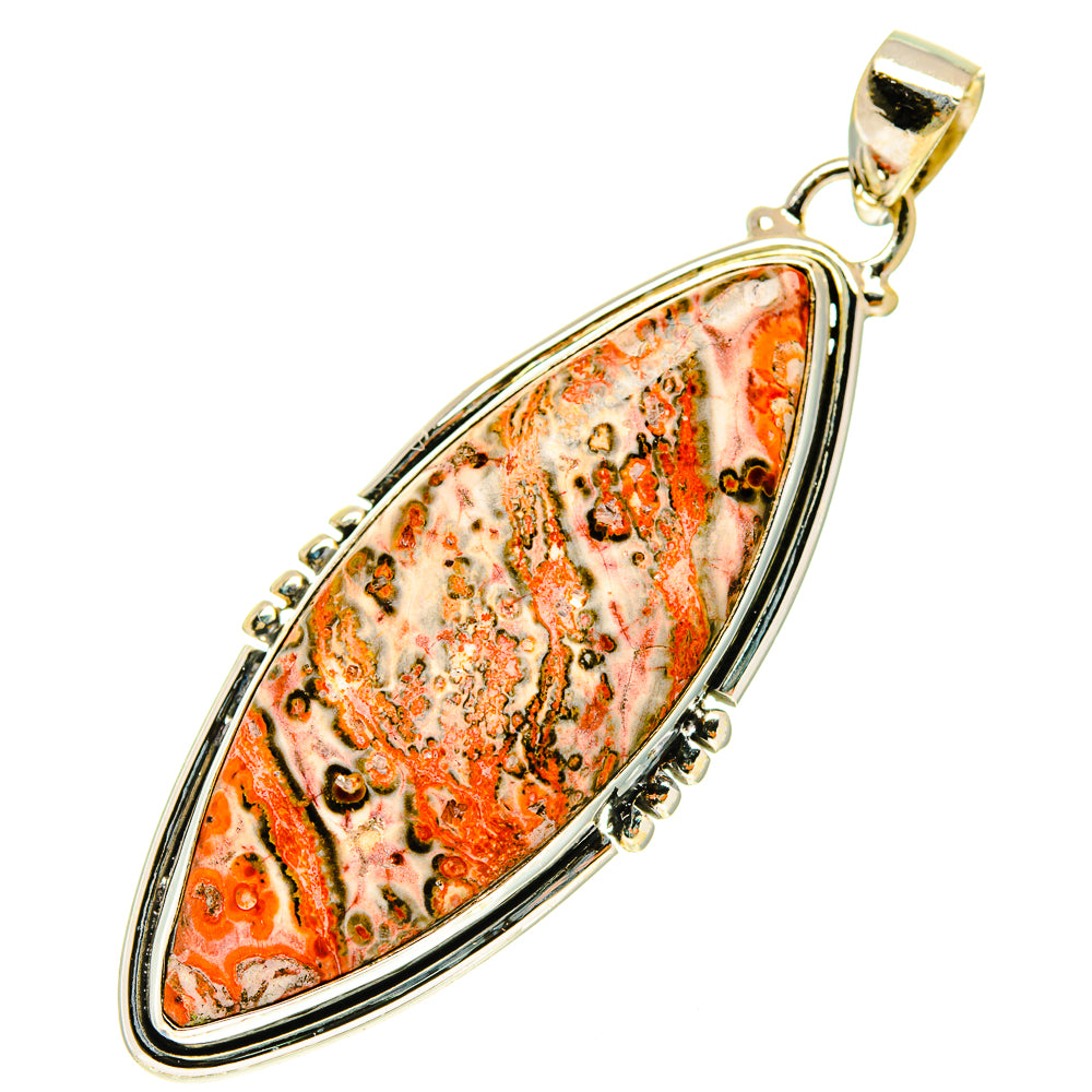 Sterling silver teardrop pendant with orange poppy jasper stone and scalloped bezel