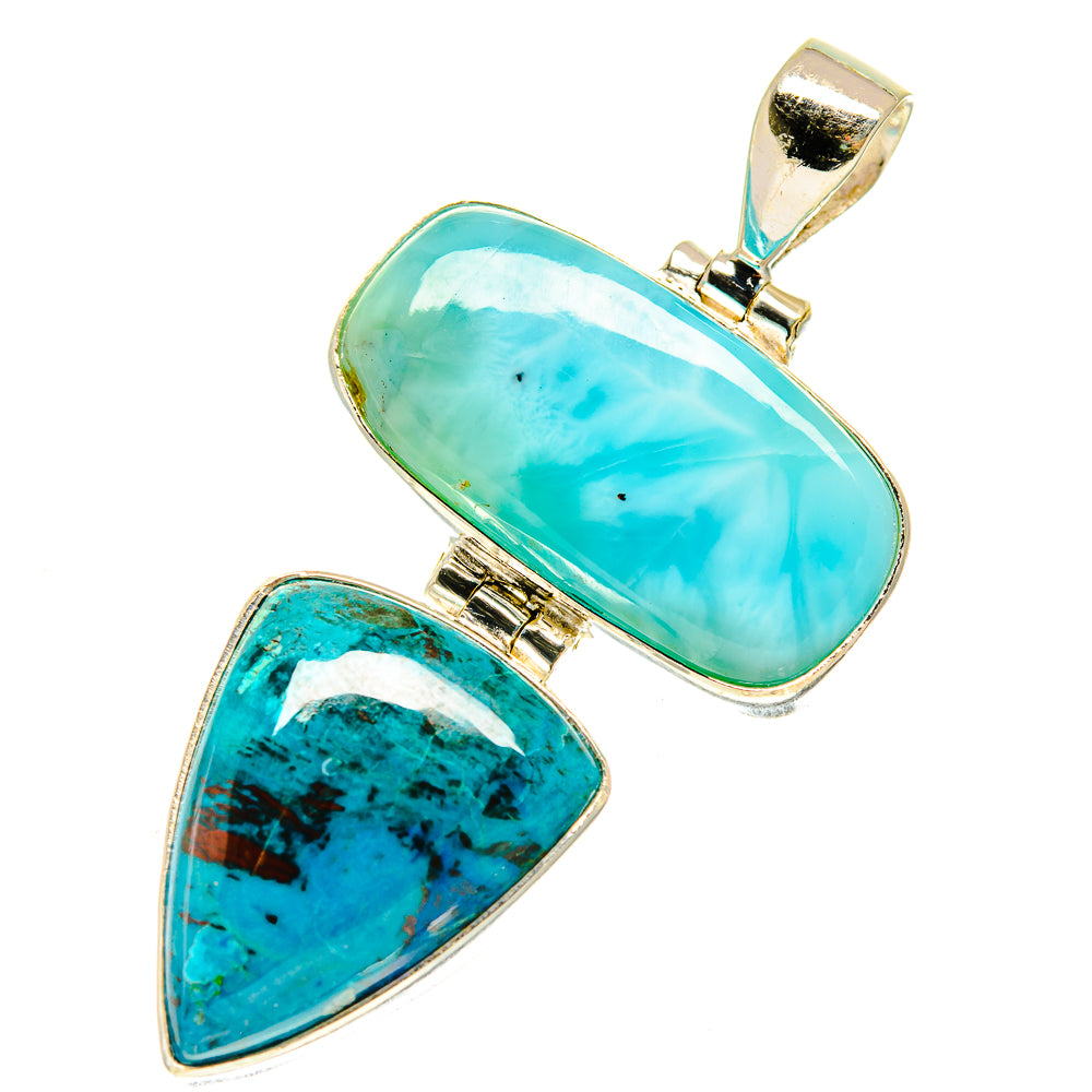 Larimar and shattuckite pendants with silver-tone settings, oval and teardrop stones