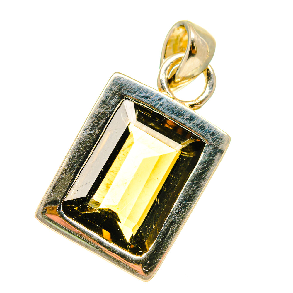 Sterling silver smoky quartz pendant with rectangular dark gemstone and gold-toned bail