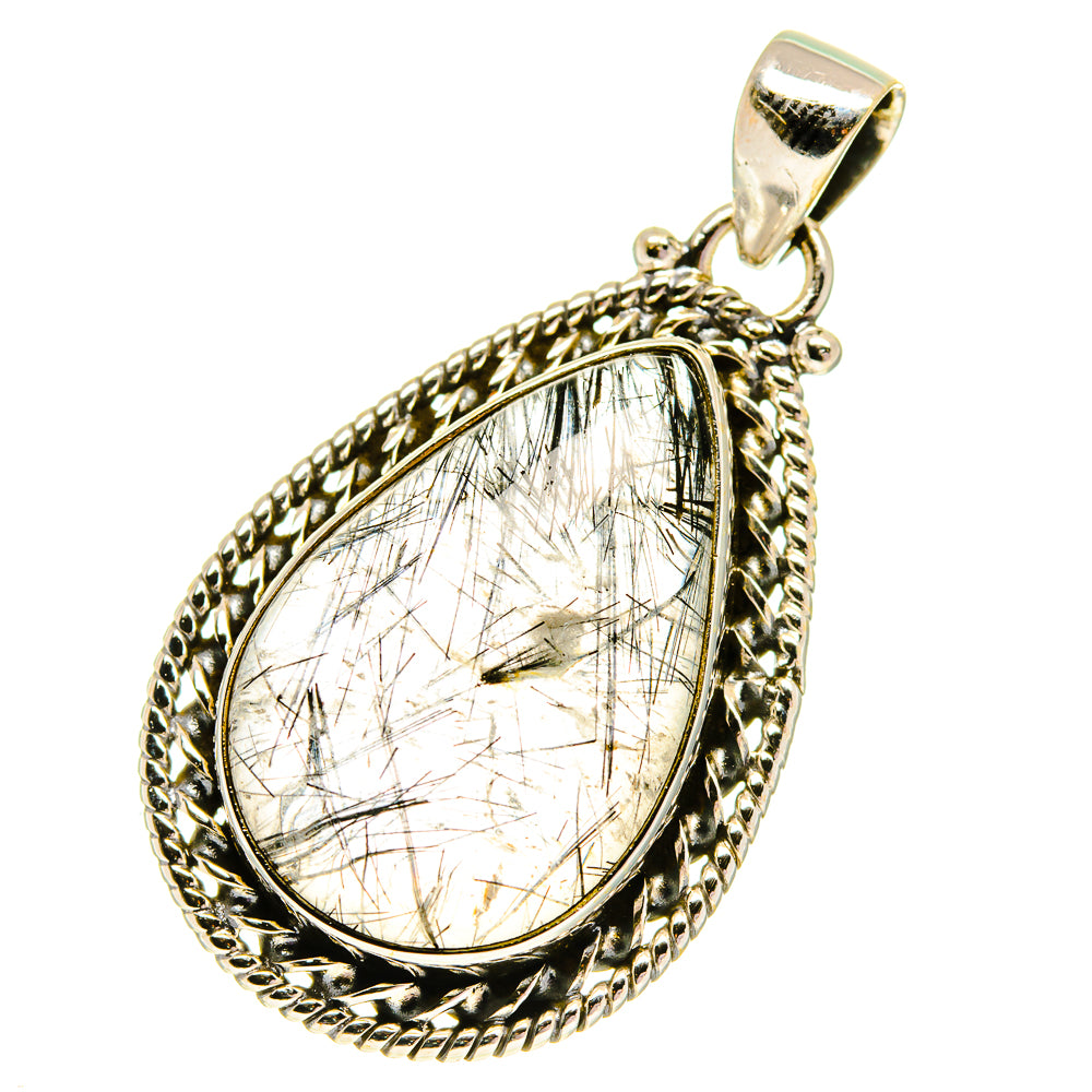 Tourmalinated quartz pendant in 925 sterling silver teardrop bezel, clear quartz with dark needles