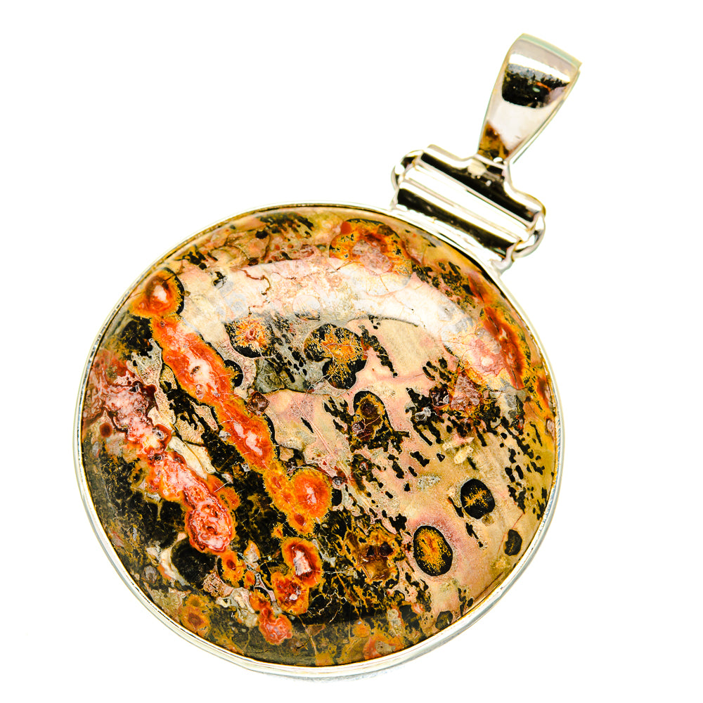 Poppy jasper pendant, round multicolor stone set in silver-toned bezel with bail